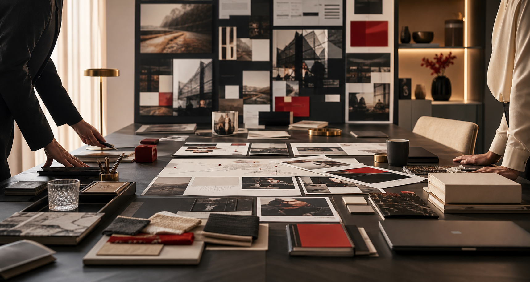 Strategic brand authority studio with campaign materials and launch planning boards