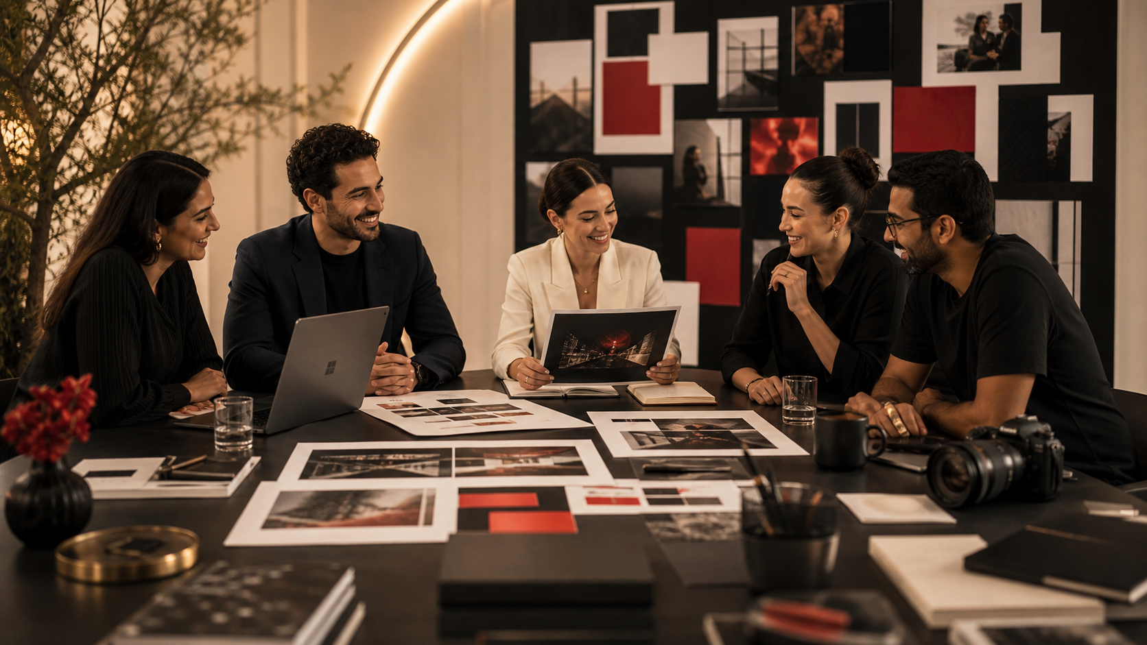 Smiling creative collaborators reviewing campaign visuals